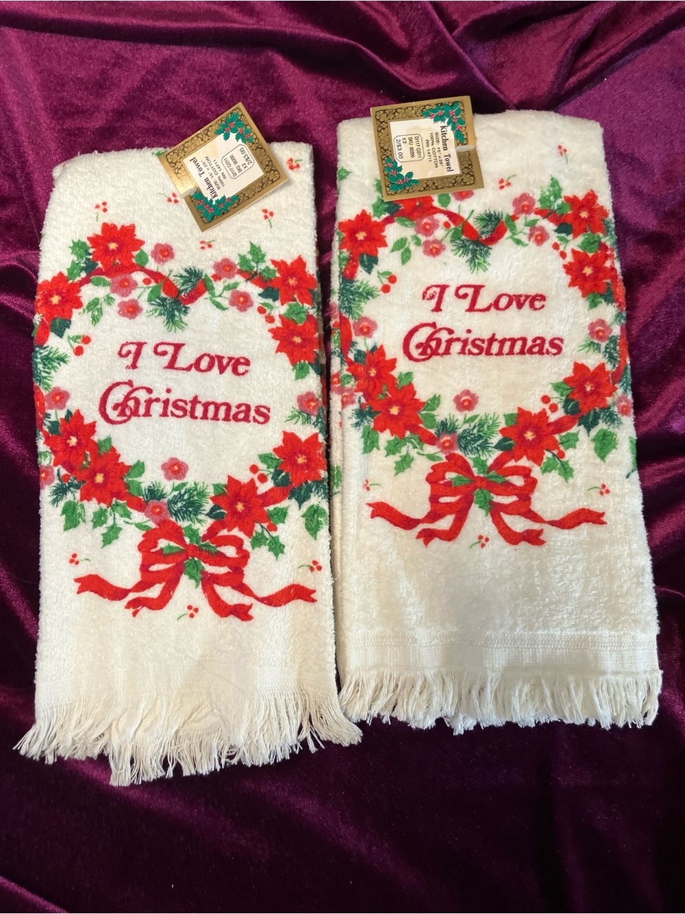 Vintage Woolworth Christmas Kitchen Towels Set Poinsettia Wreath Fringe New